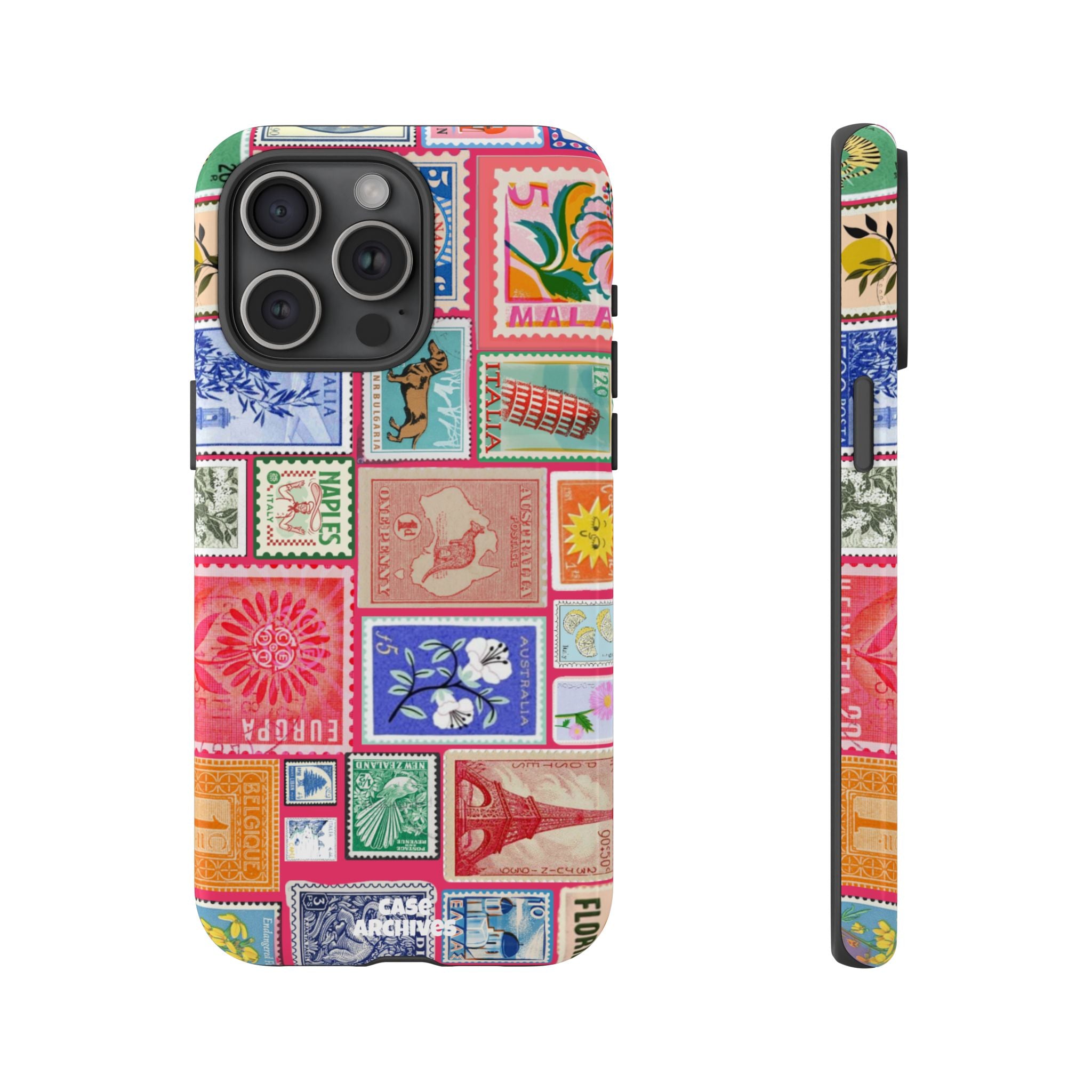 Vintage Stamp Collage Phone Case — Colorful Retro Postage Design