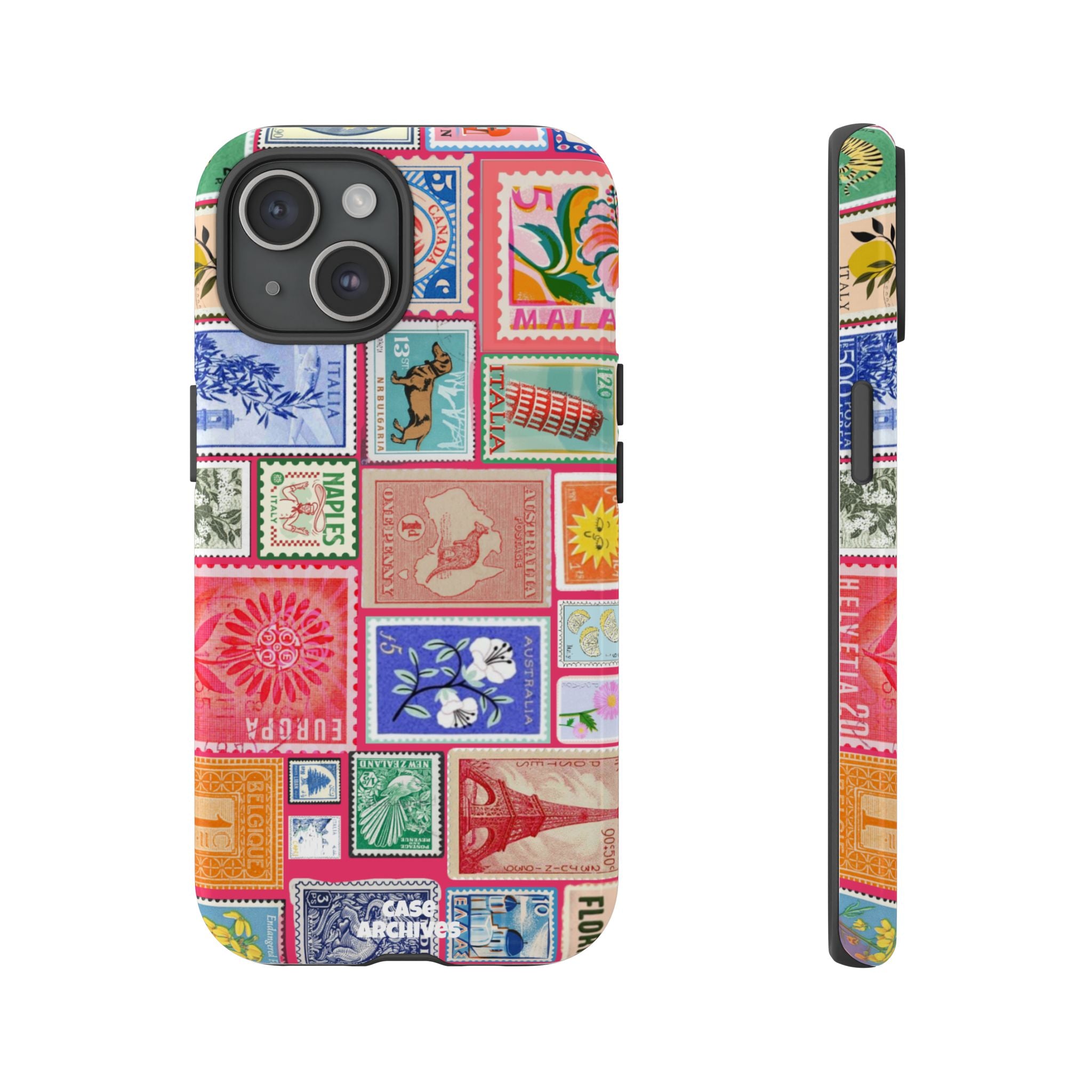 Vintage Stamp Collage Phone Case — Colorful Retro Postage Design