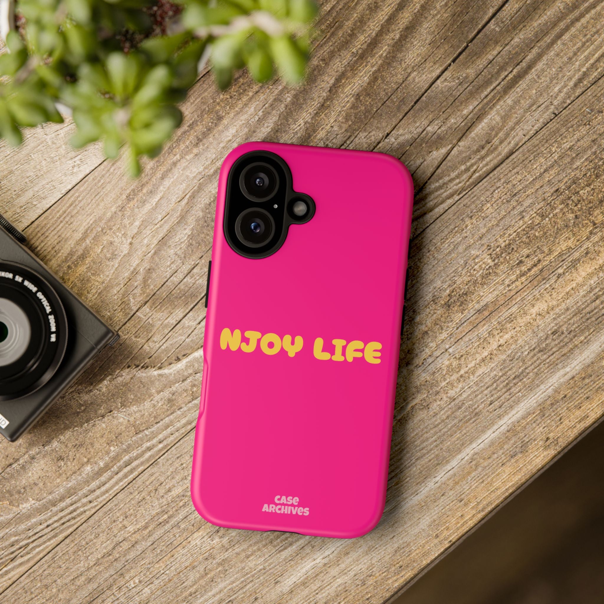 Enjoy Life phone case | tough iPhone case, bright pink, retro yellow text