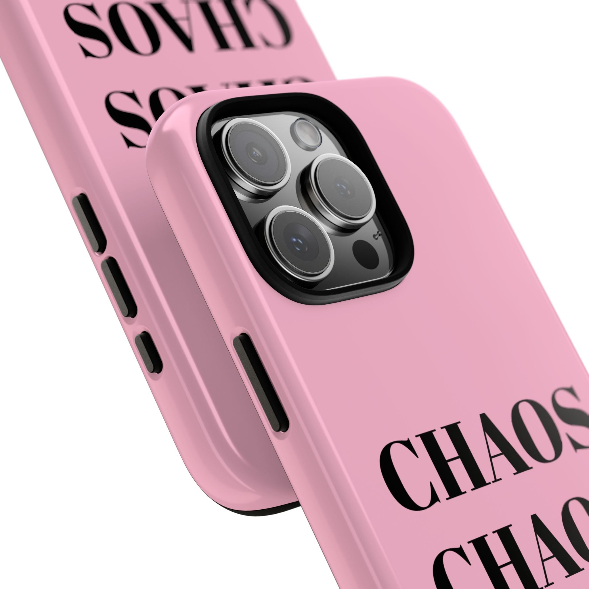 Pink "CHAOS" Phone Case — Bold Text Protective iPhone Cover