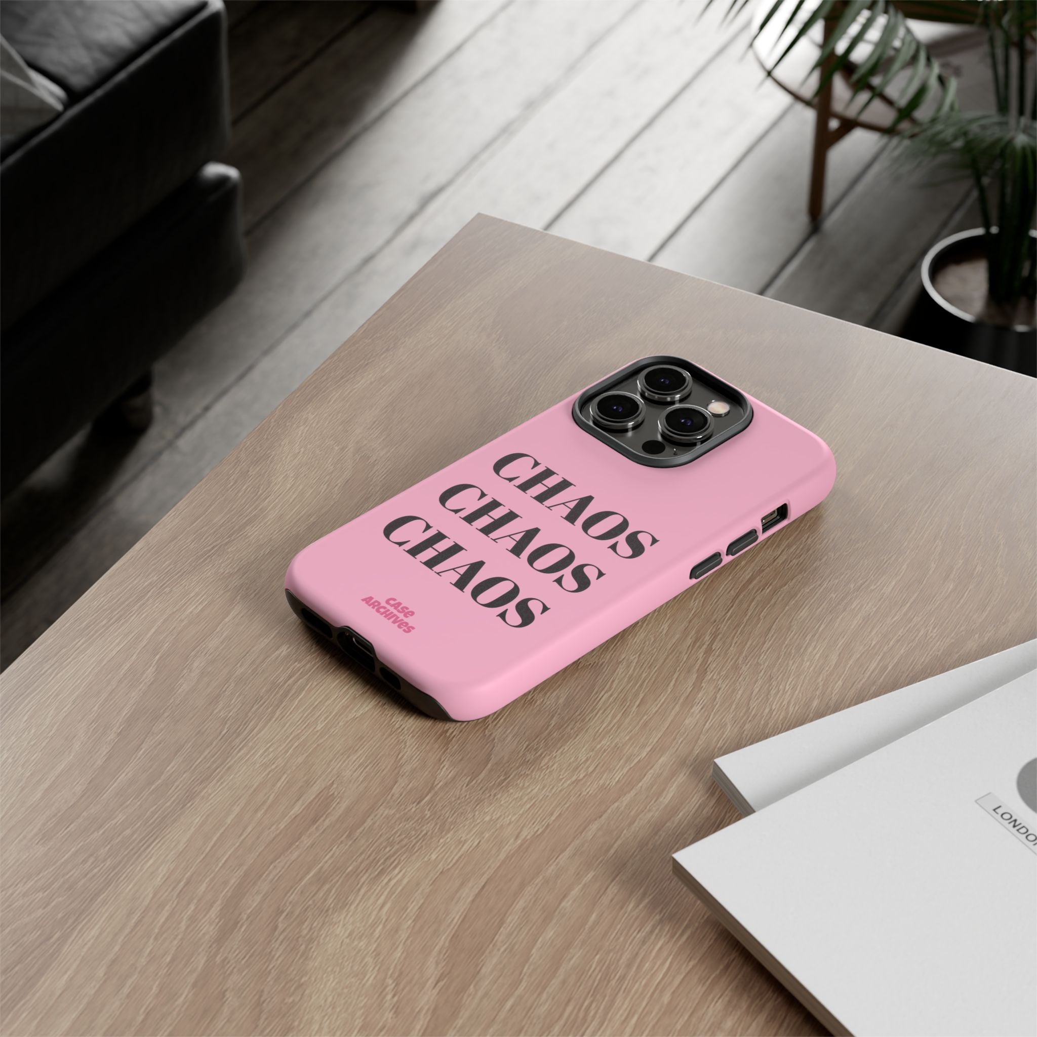 Pink "CHAOS" Phone Case — Bold Text Protective iPhone Cover