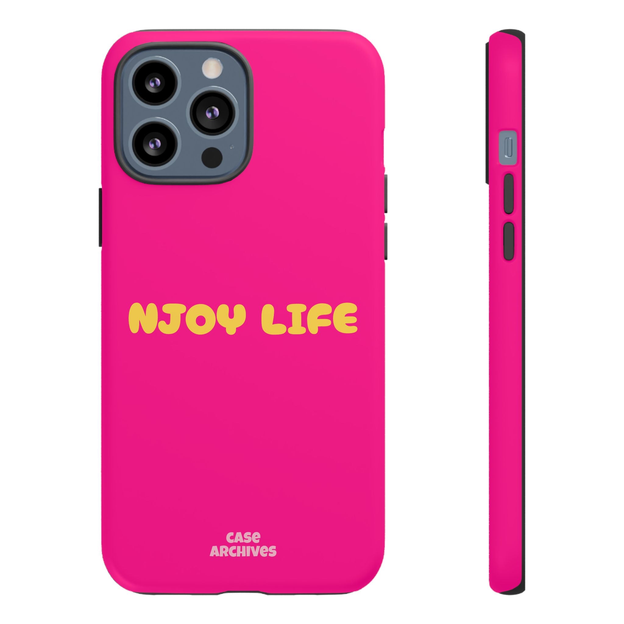 Enjoy Life phone case | tough iPhone case, bright pink, retro yellow text