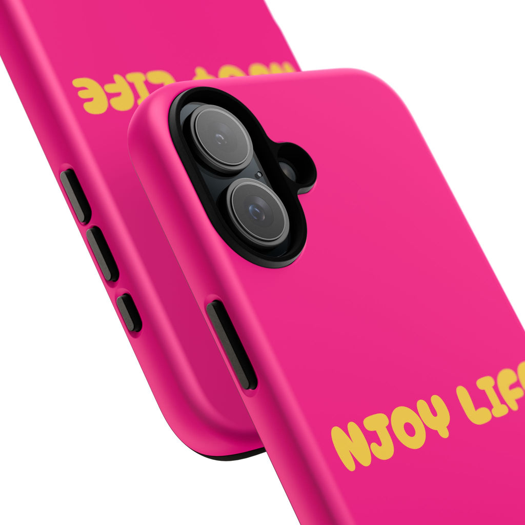 Enjoy Life phone case | tough iPhone case, bright pink, retro yellow text