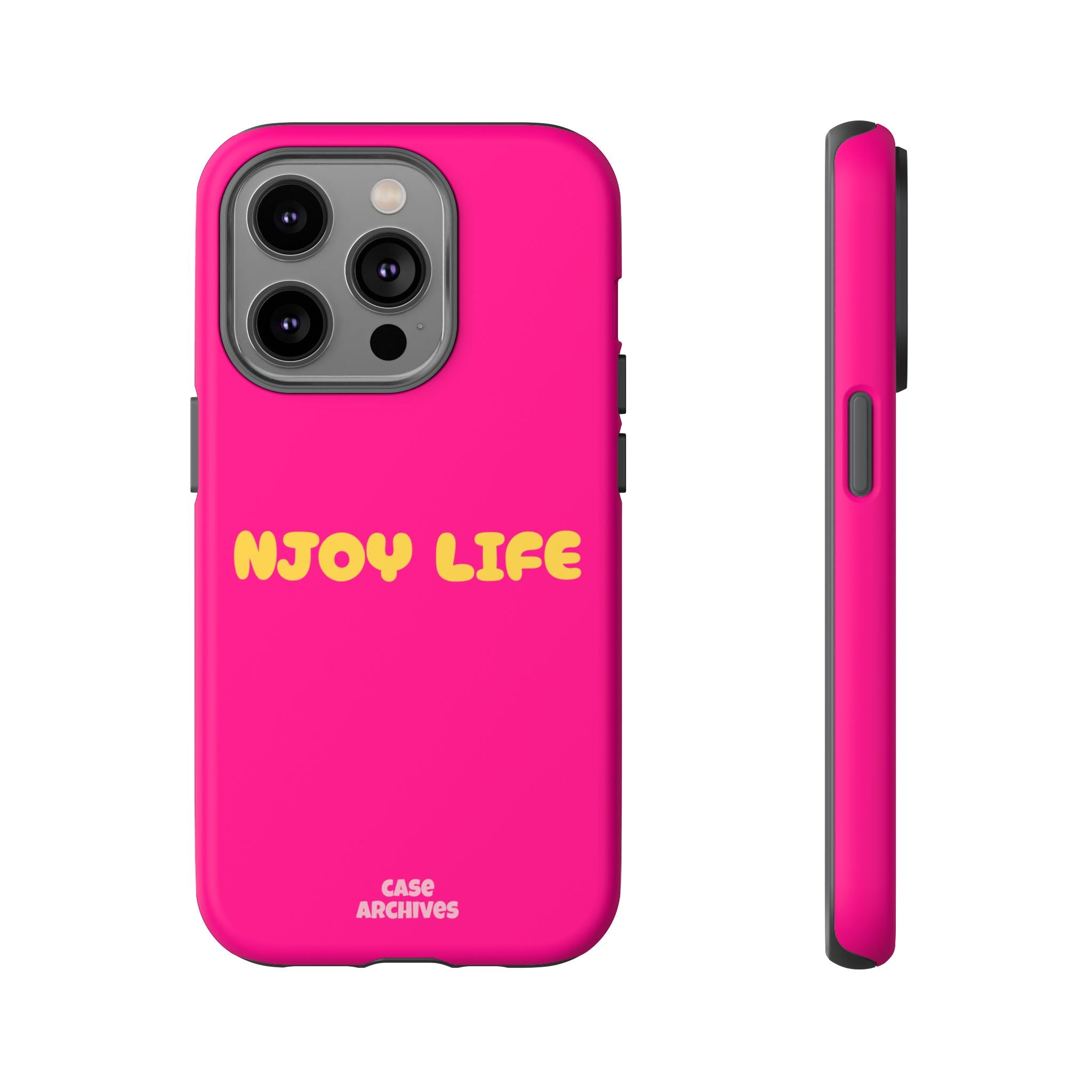 Enjoy Life phone case | tough iPhone case, bright pink, retro yellow text