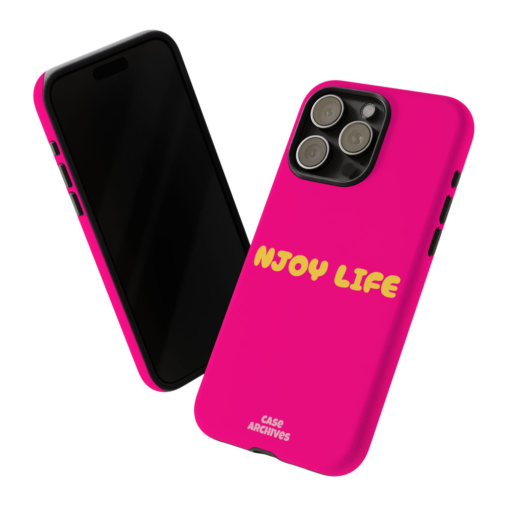 Enjoy Life phone case | tough iPhone case, bright pink, retro yellow text