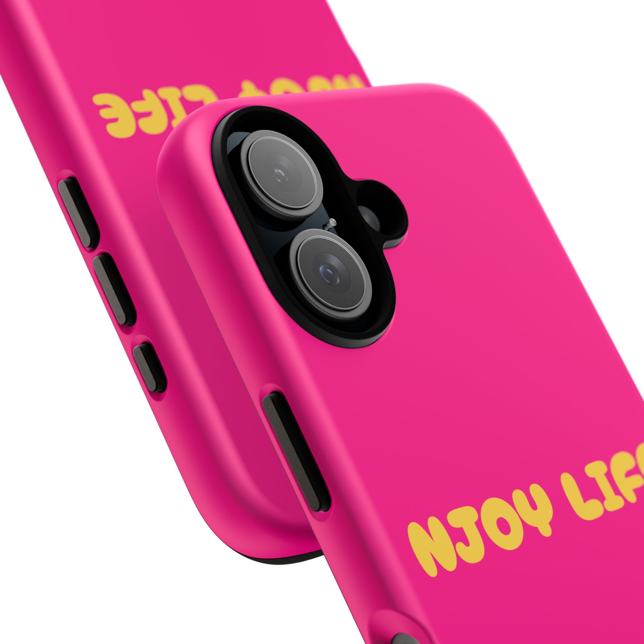 Enjoy Life phone case | tough iPhone case, bright pink, retro yellow text