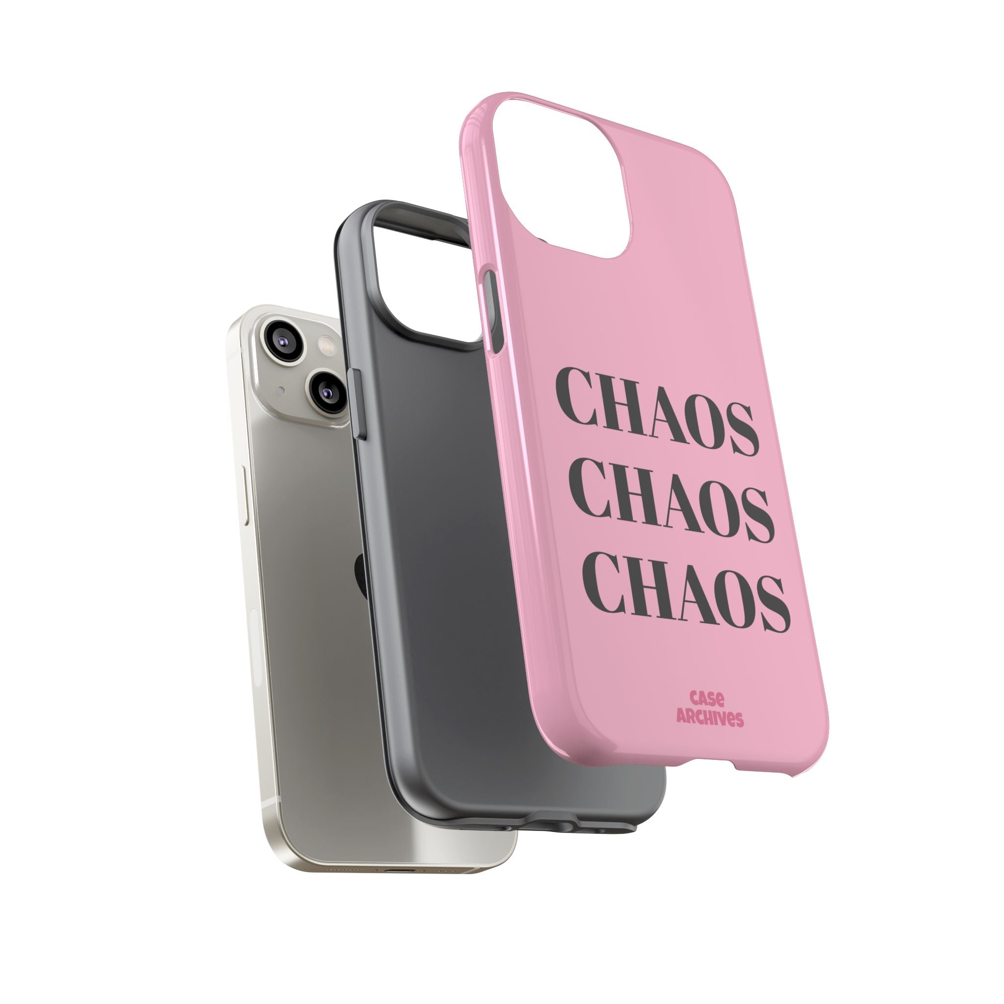 Pink "CHAOS" Phone Case — Bold Text Protective iPhone Cover
