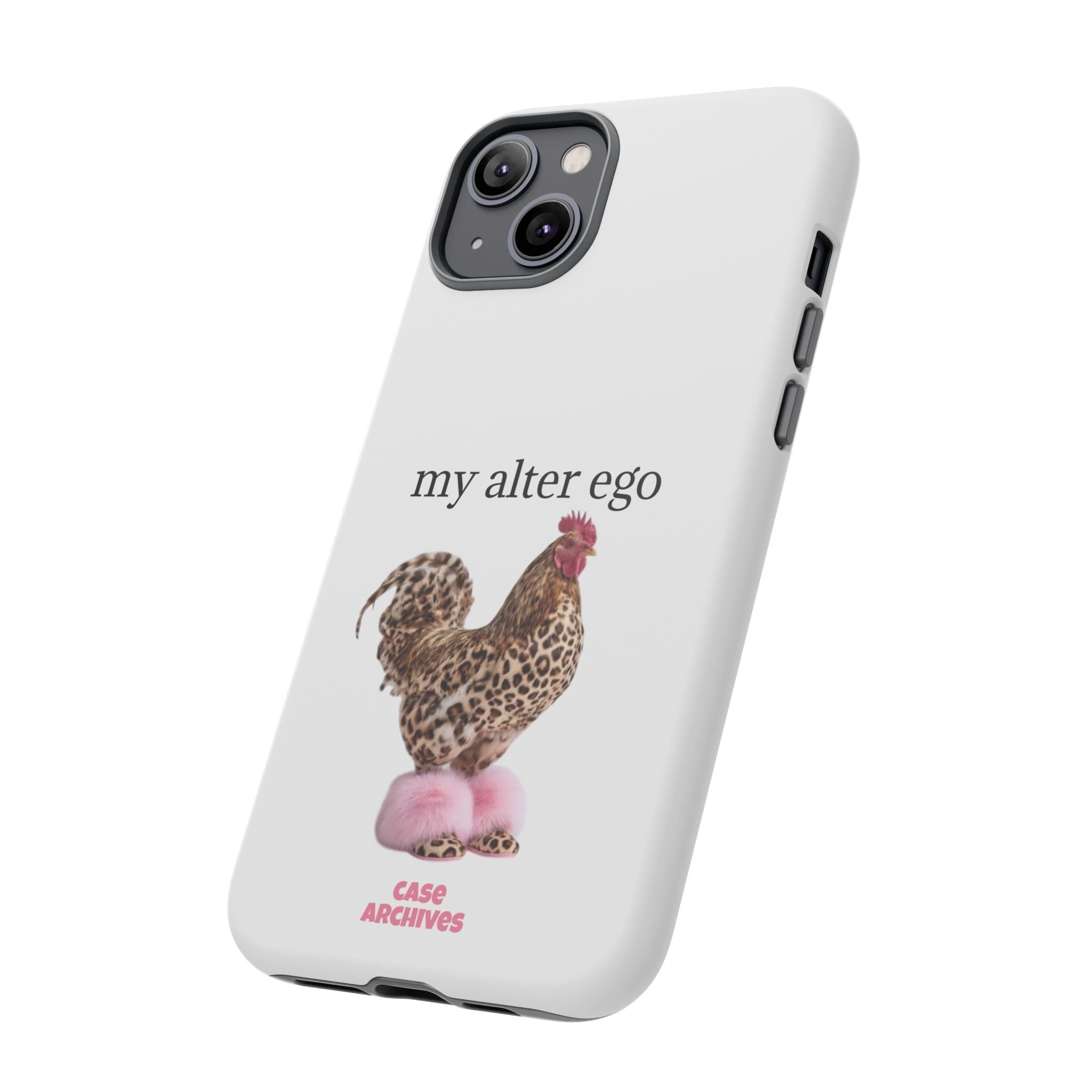 Chicken with style  'My Alter Ego' Tough Phone Case — Funny Leopard Print Rooster on Pink Slippers