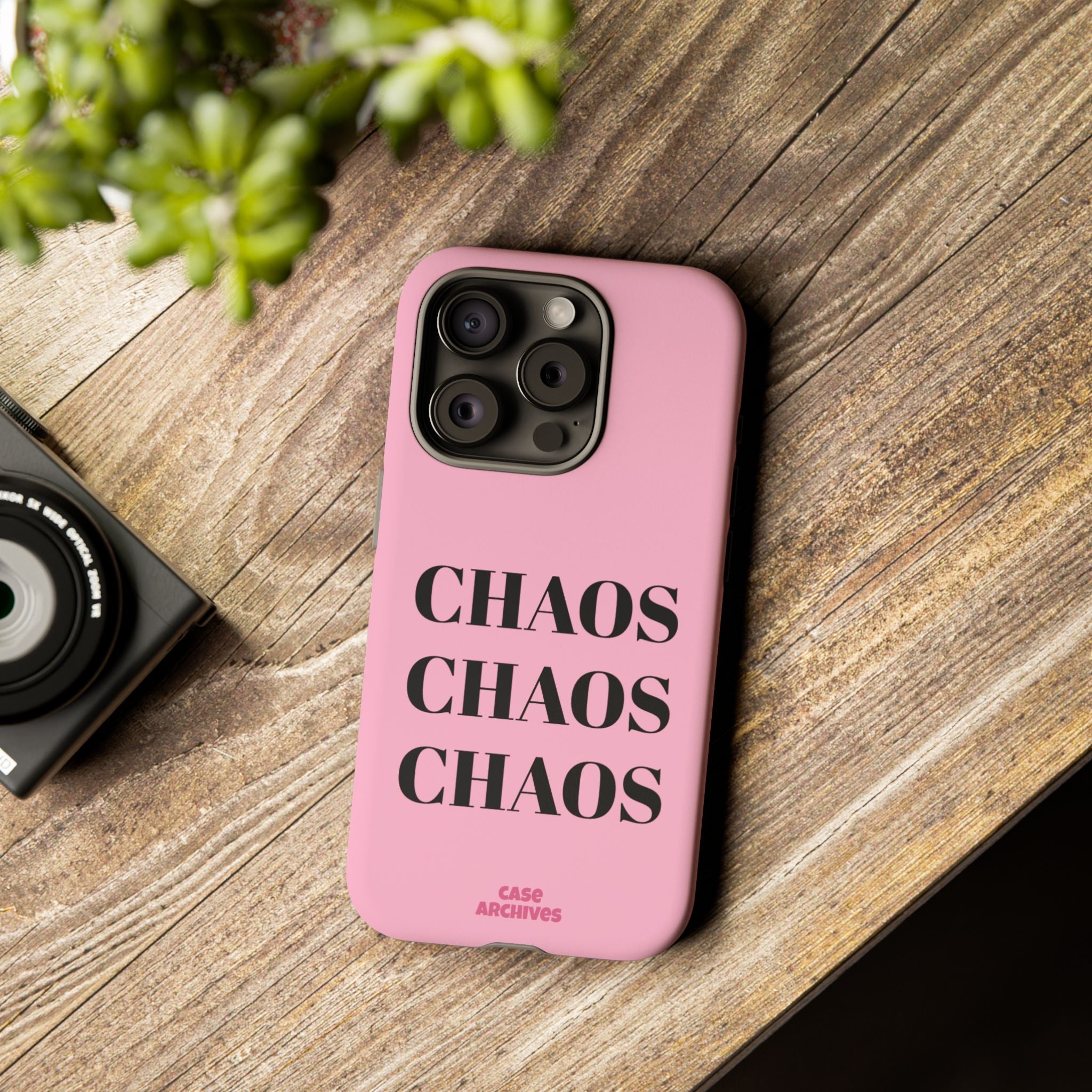 Pink "CHAOS" Phone Case — Bold Text Protective iPhone Cover
