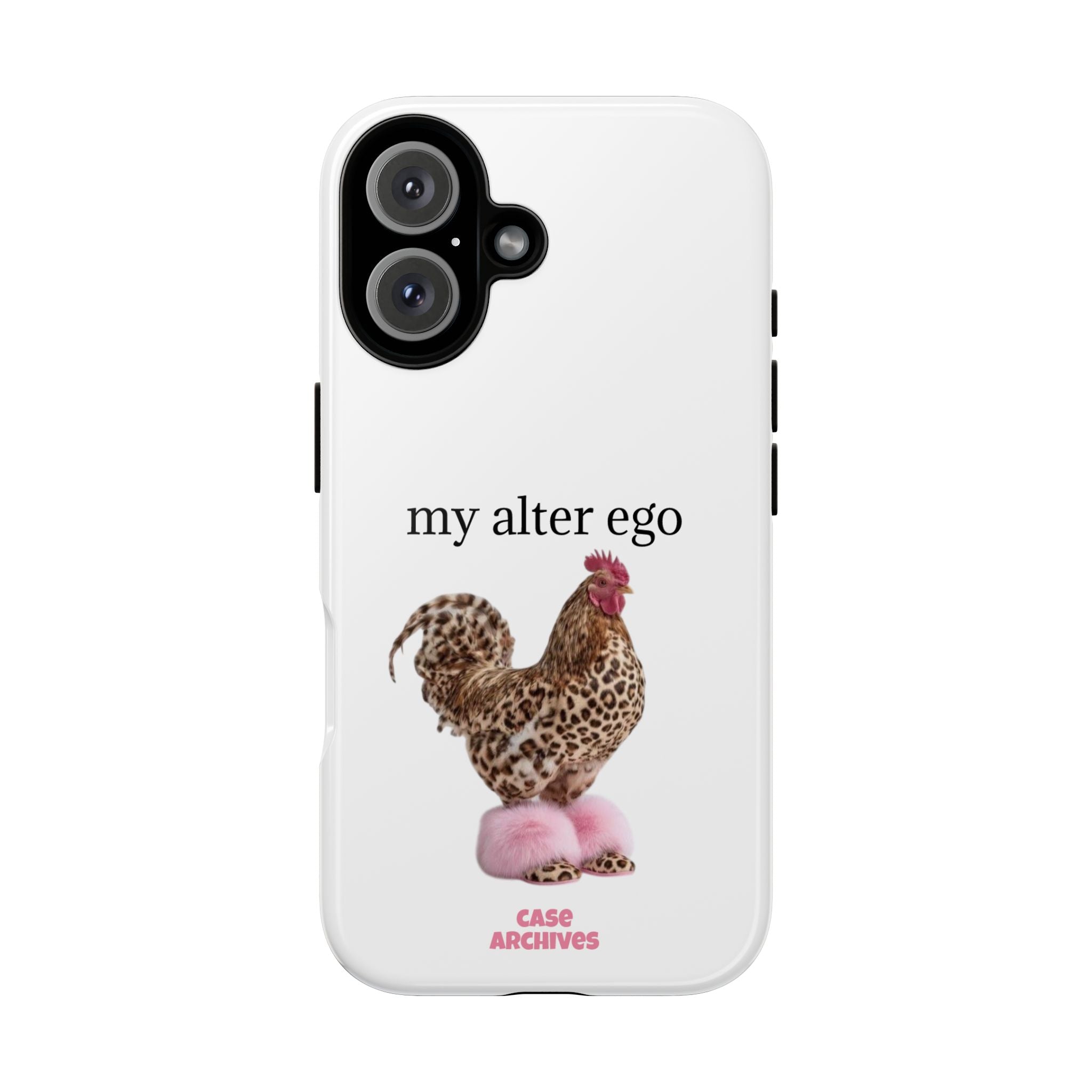 Chicken with style  'My Alter Ego' Tough Phone Case — Funny Leopard Print Rooster on Pink Slippers