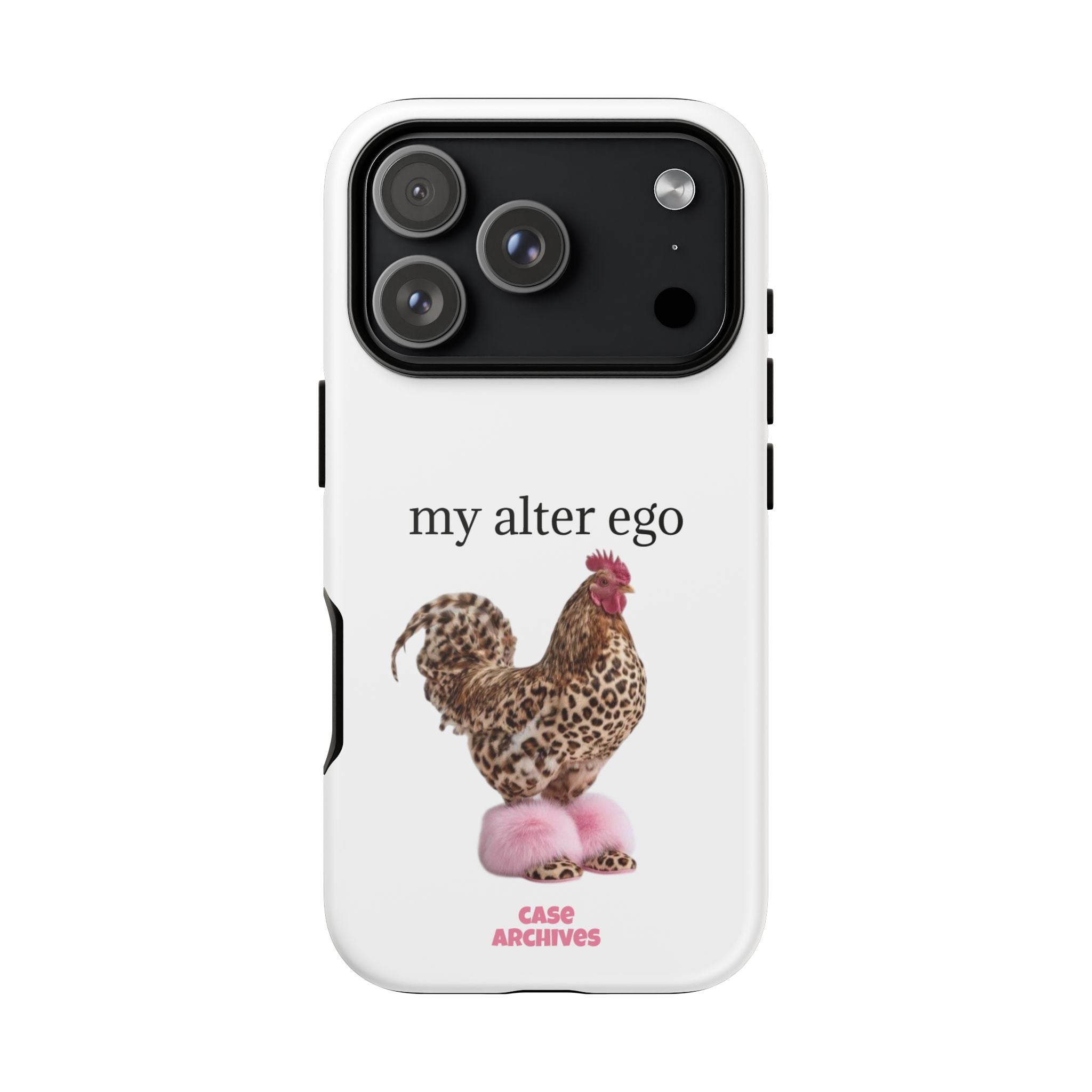 Chicken with style  'My Alter Ego' Tough Phone Case — Funny Leopard Print Rooster on Pink Slippers