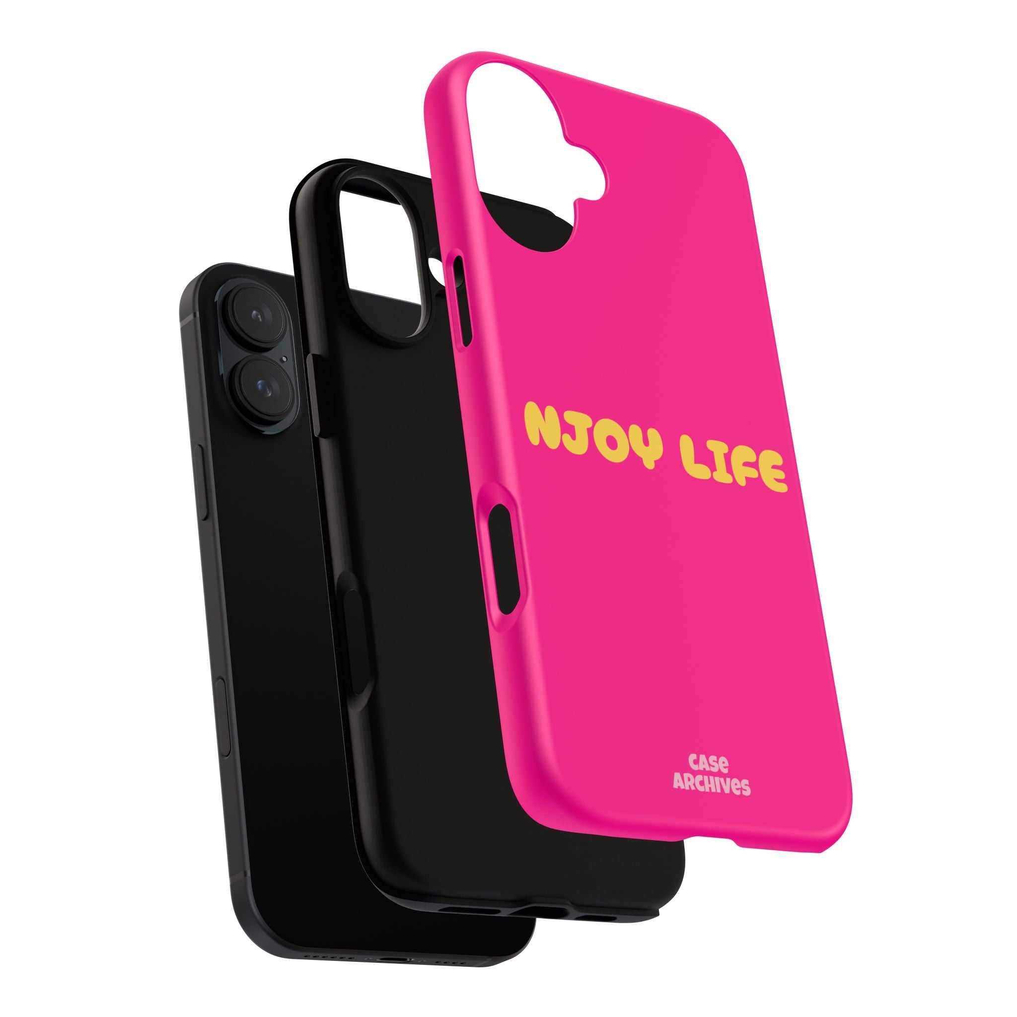 Enjoy Life phone case | tough iPhone case, bright pink, retro yellow text
