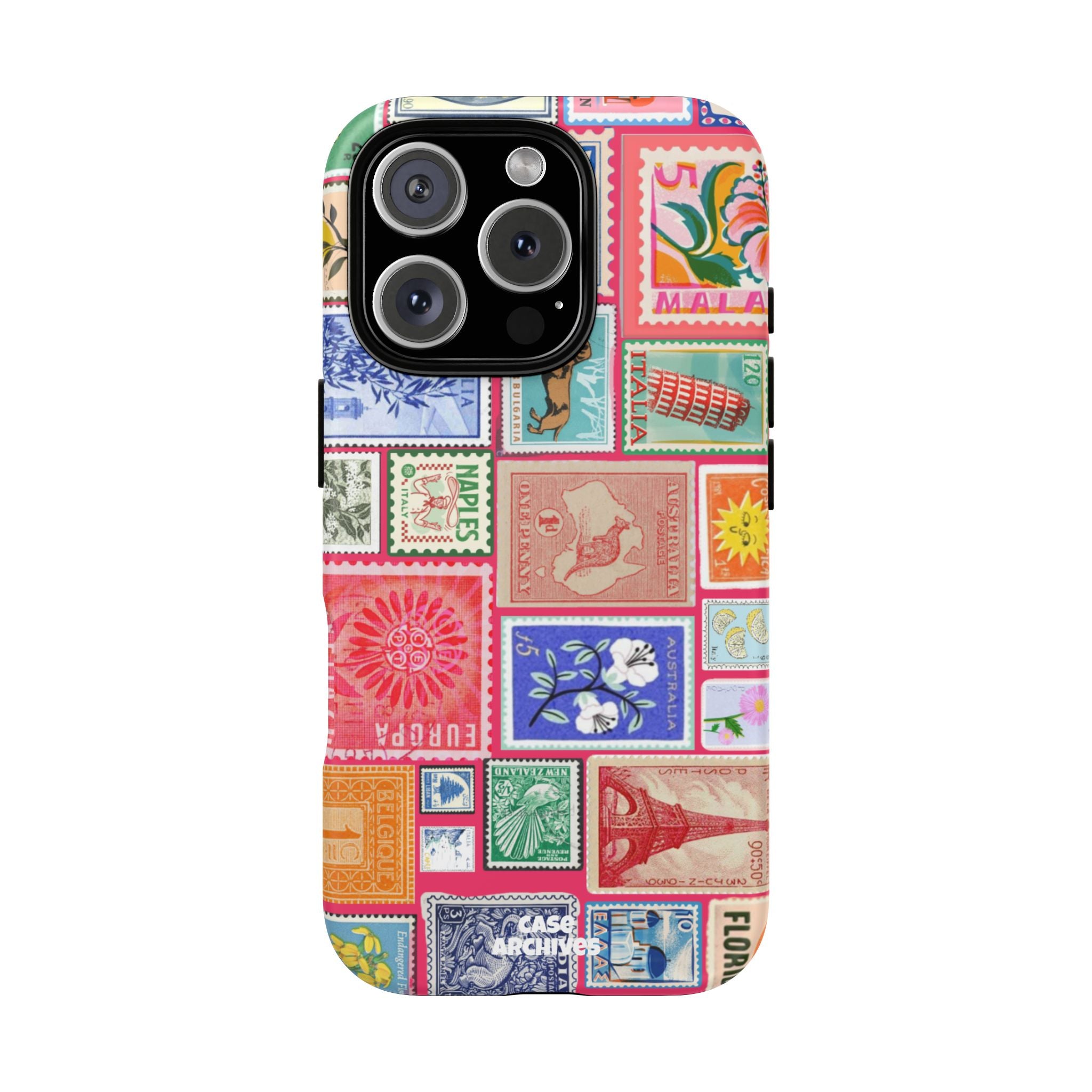 Vintage Stamp Collage Phone Case — Colorful Retro Postage Design