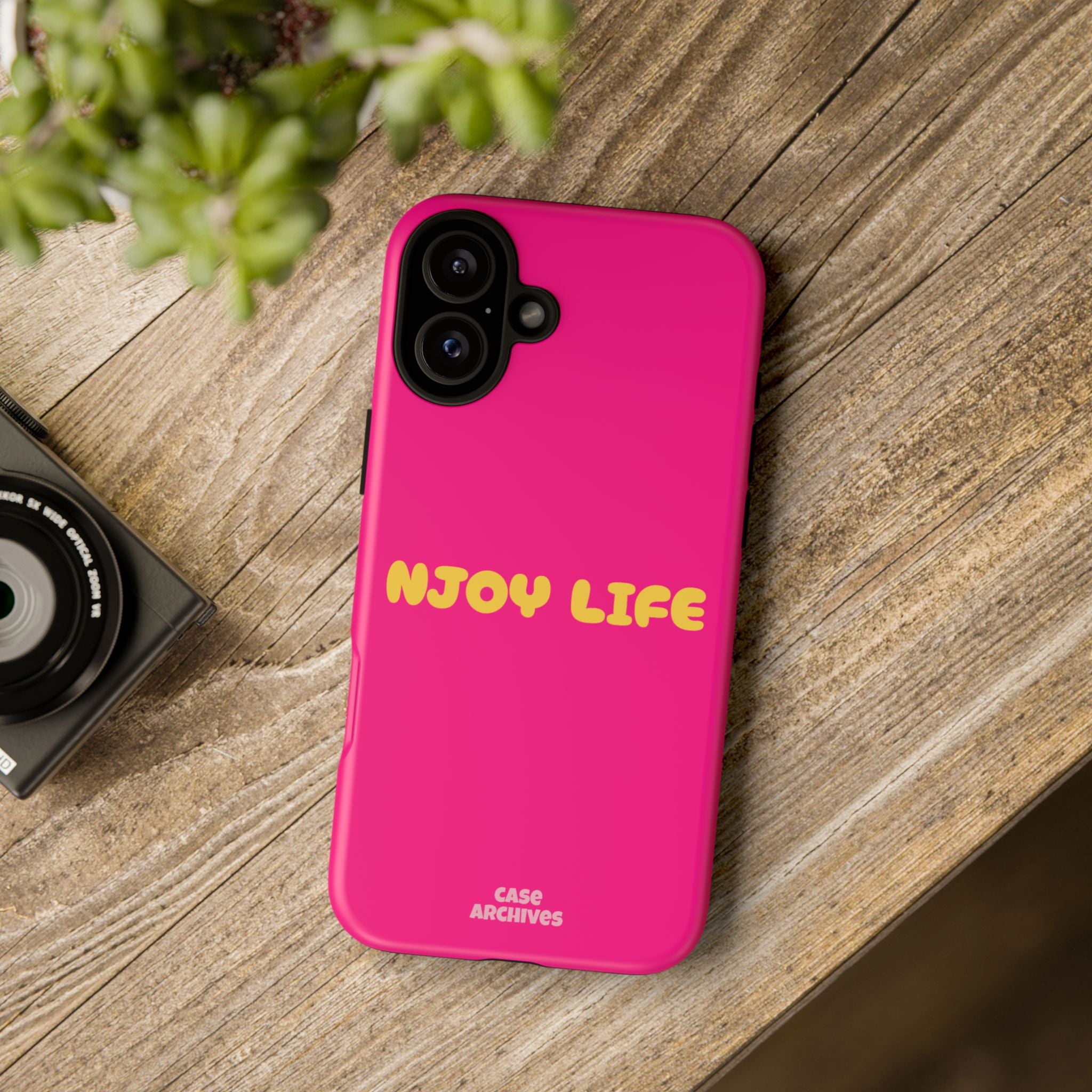 Enjoy Life phone case | tough iPhone case, bright pink, retro yellow text