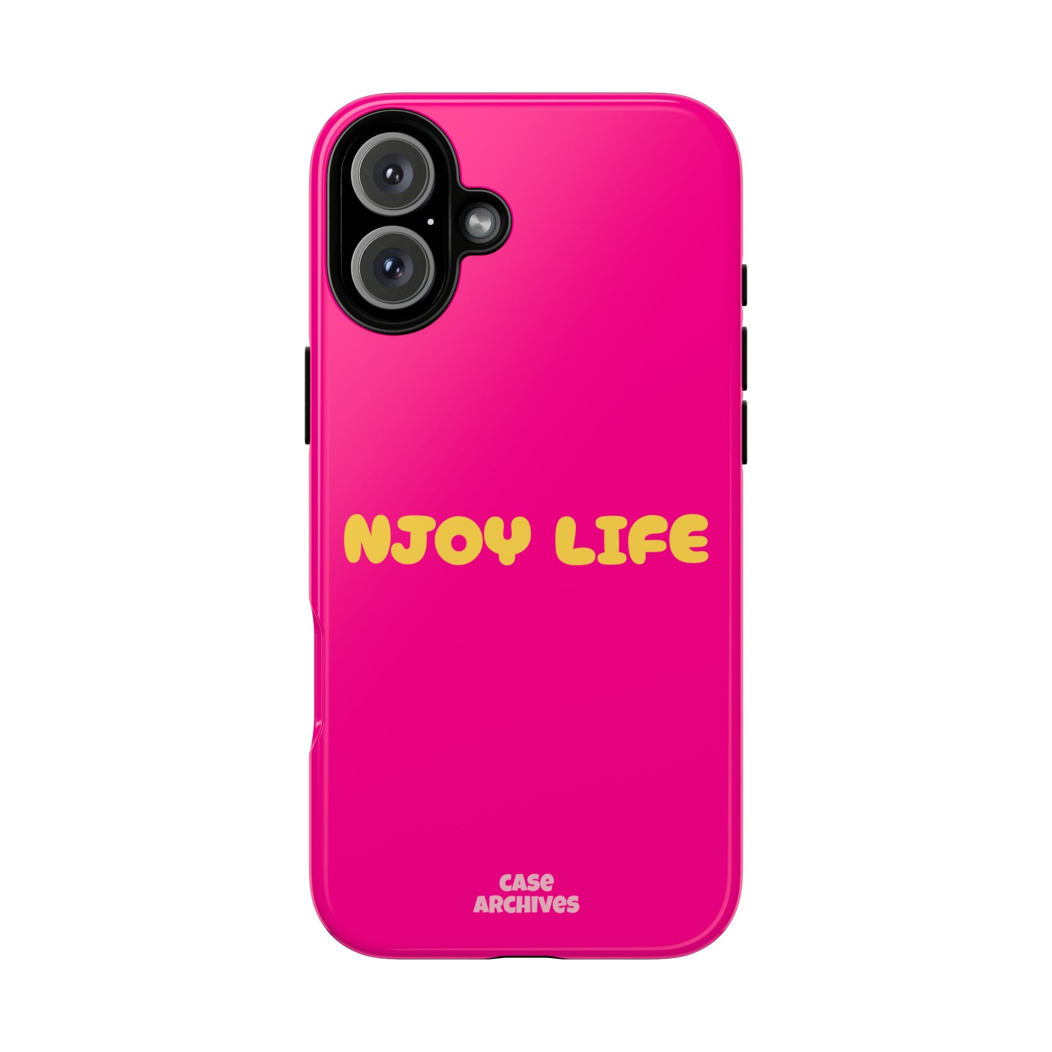 Enjoy Life phone case | tough iPhone case, bright pink, retro yellow text